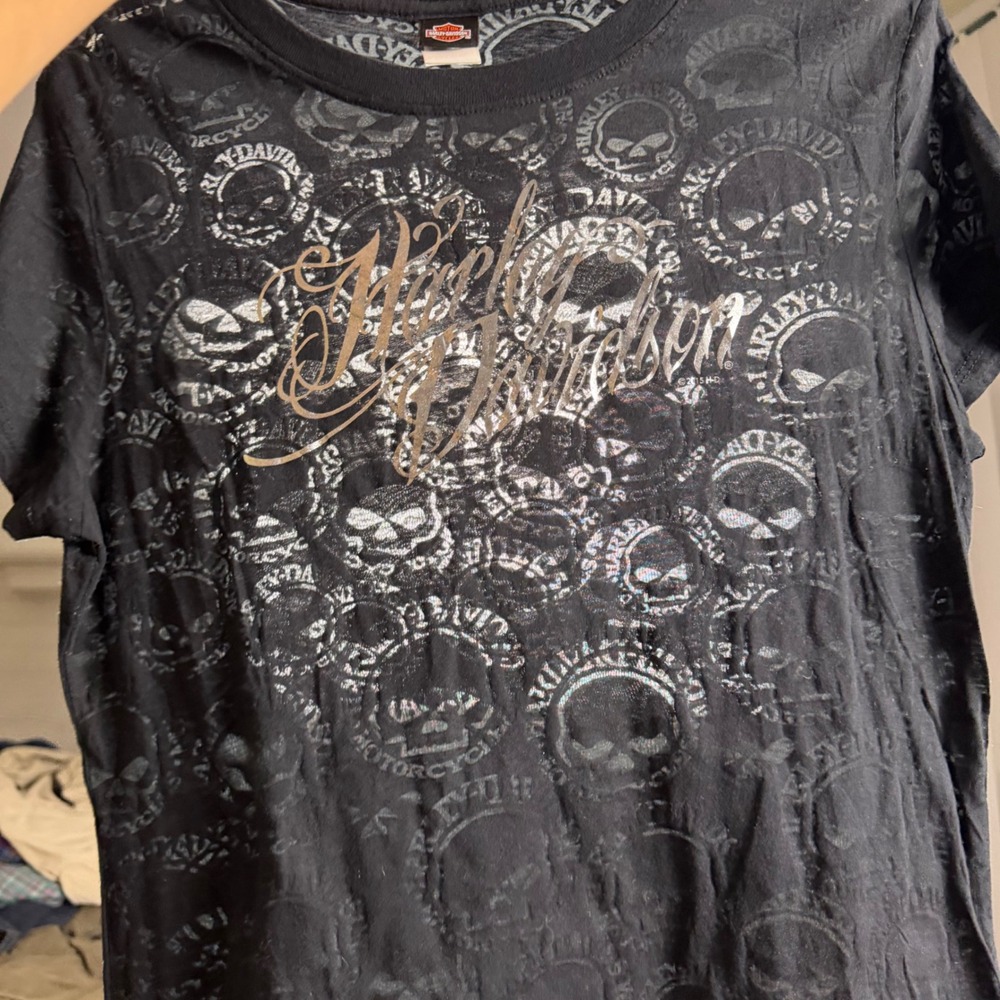 Harley Davidson Women's XL Black Paper Thin Burnout Skull T-Shirt Made in USA